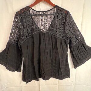 Black Boho Button Front Blouse Crochet Bell Sleeves - XL Fairy Goth Witchy